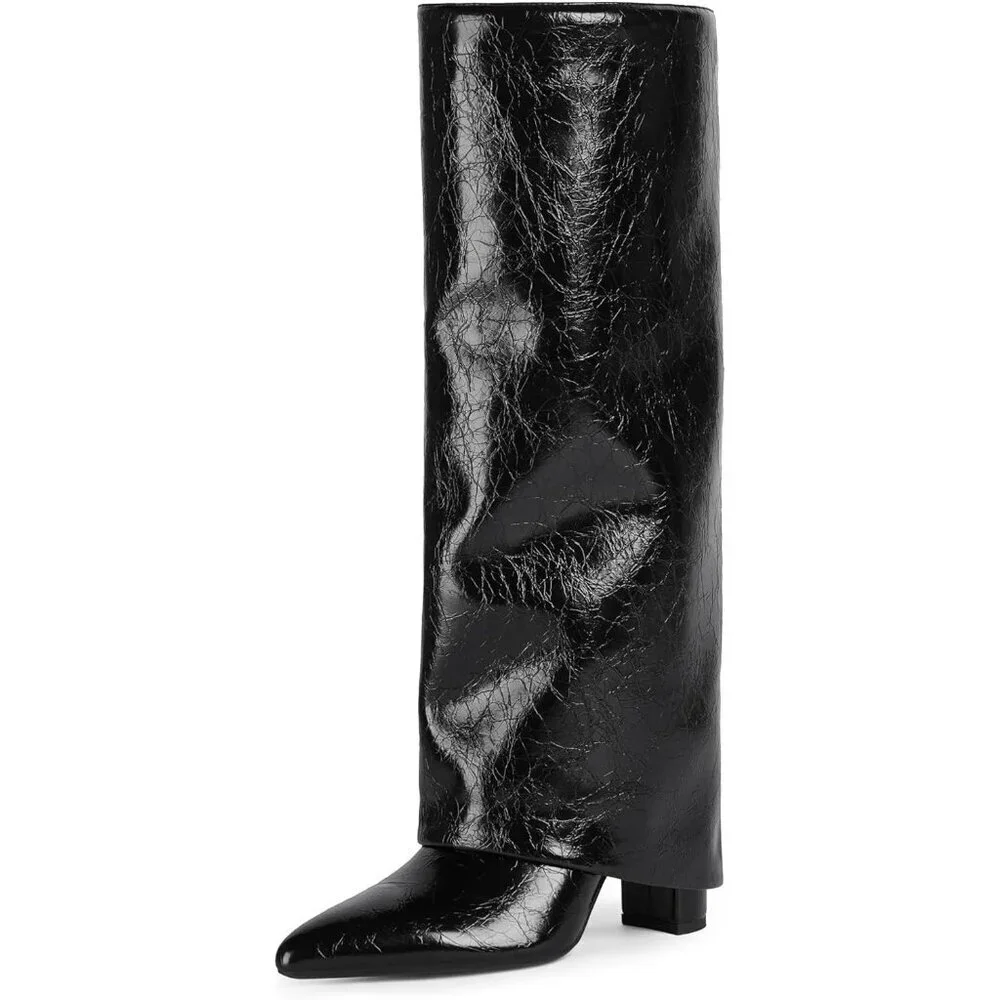 Women B-black Faux Leather Fold Over Knee High Chunky High Heels Long Boots